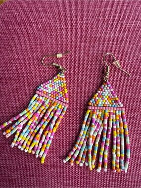 Multicolor Seed Bead Fringe Earrings - Pink, Yellow & Blue